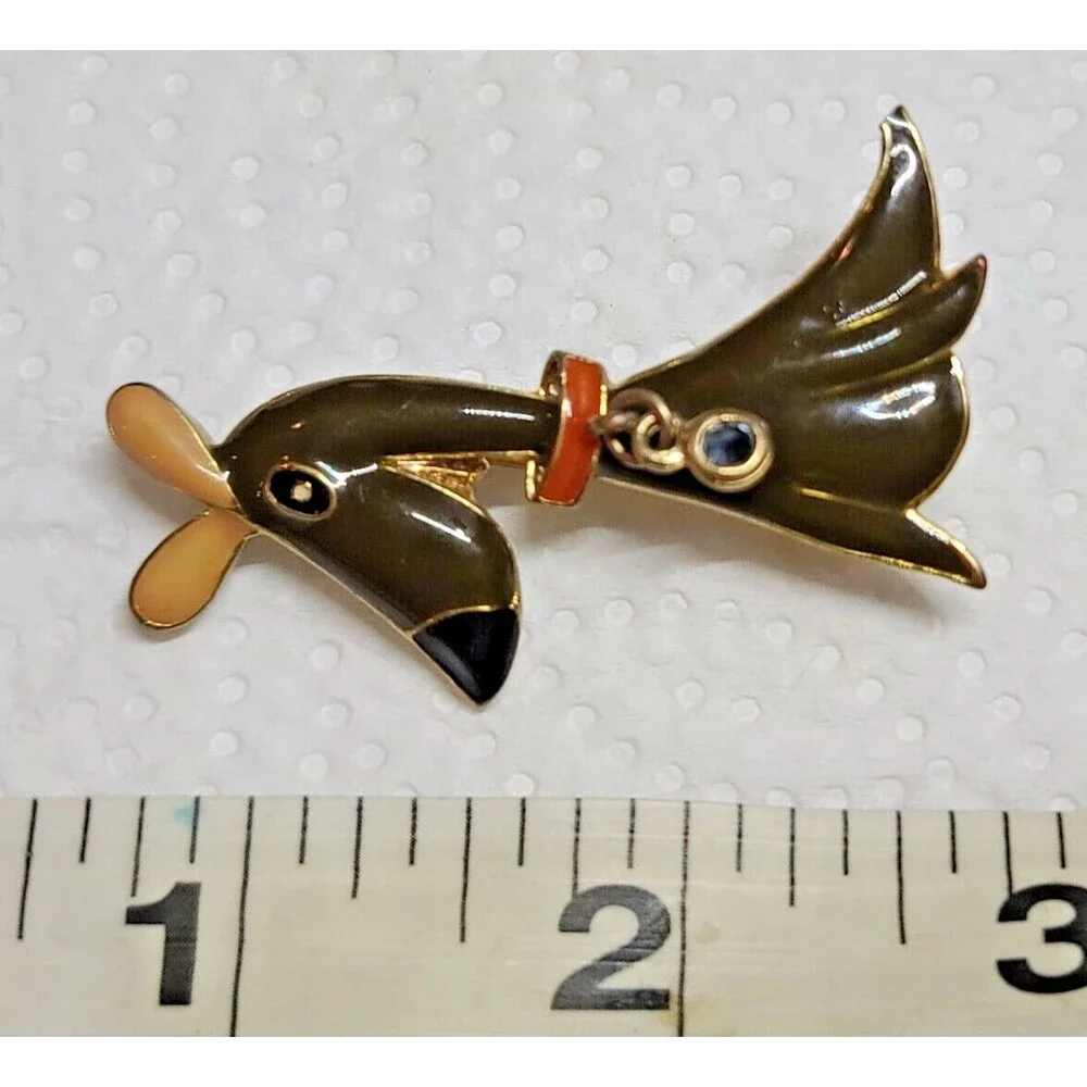 Vintage Dog Puppy Brooch Pin Brown Enamel Gold Tone Rhinestones Collar Charm